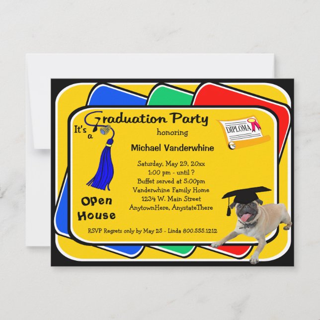 Mops Blue Graduation Party Einladungen (Vorderseite)