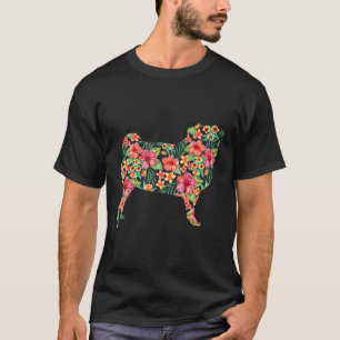 Mops-Blumen Lustiges Hund-Silhouette Blumen-Gesche T-Shirt