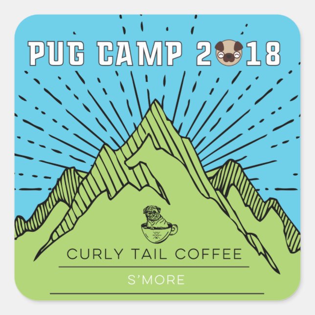 Mops Camp 2018 Curly Schwanz Kaffeepause Quadratischer Aufkleber (Vorderseite)