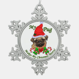 Mops Christmas Merry Schneeflocken Zinn-Ornament