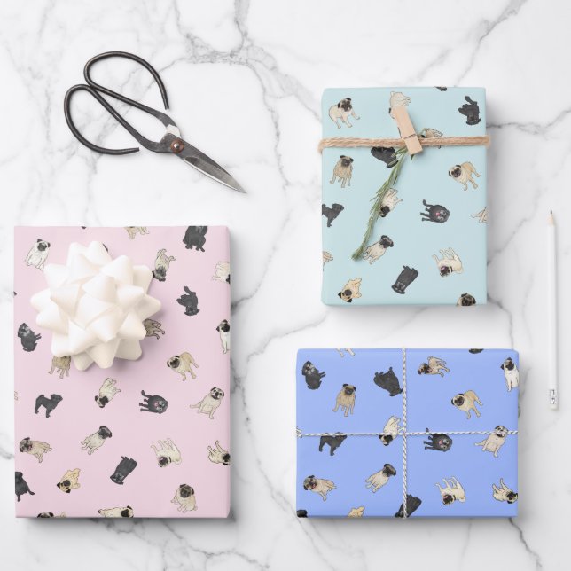 Mops Confetti - Rosa, Blau, Minzaqua Geschenkpapier Set (Vorderseite)