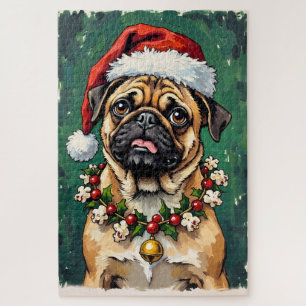 Mops, der den Weihnachtsgirlandenhut isst Puzzle