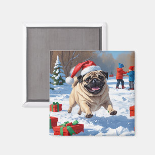 Mops, der mit Weihnachtsmütze im Schnee läuft Magnet