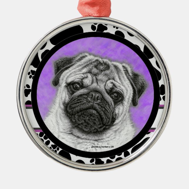 Mops Dog Art Weihnachtsfeier von Glenda Harlan Ornament Aus Metall (Vorne)