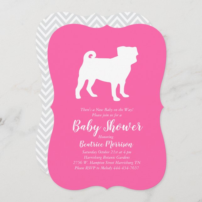 Mops Dog Baby Dusche Puppy Pink Girl Einladung (Vorne/Hinten)