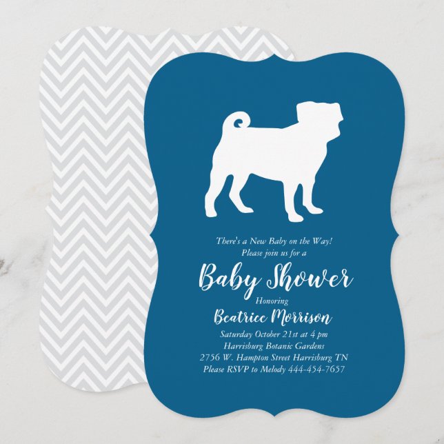 Mops Dog Baby Shower Blue für Junge Einladung (Vorne/Hinten)