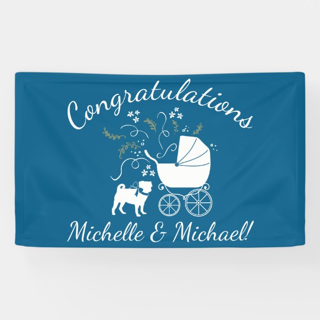 Mops Dog Baby Shower Blue mit Bow Banner (Horizontal)