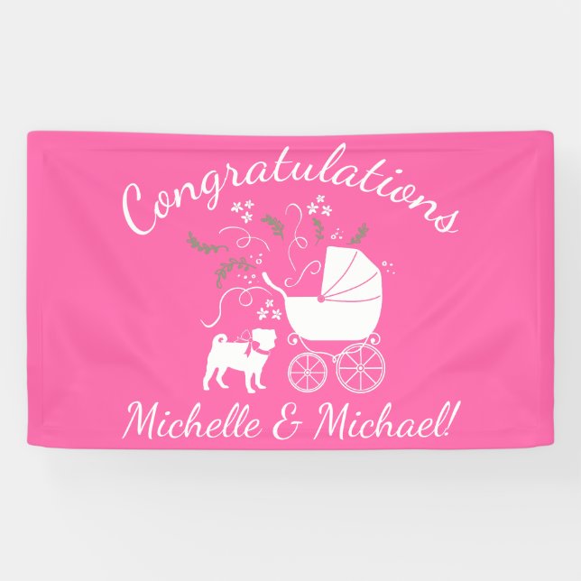 Mops Dog Babydusche Mädchen Pink mit Bow Banner (Horizontal)