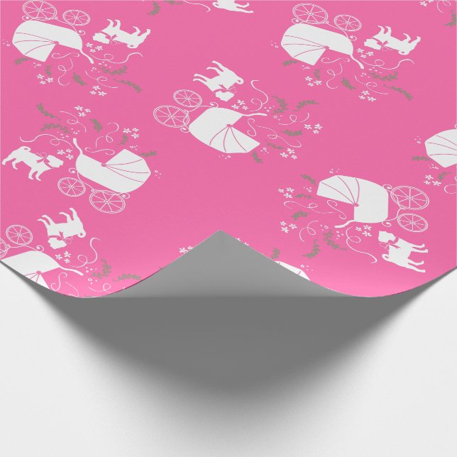 Mops Dog Babydusche Mädchen Pink mit Bow Geschenkpapier (Ecke)