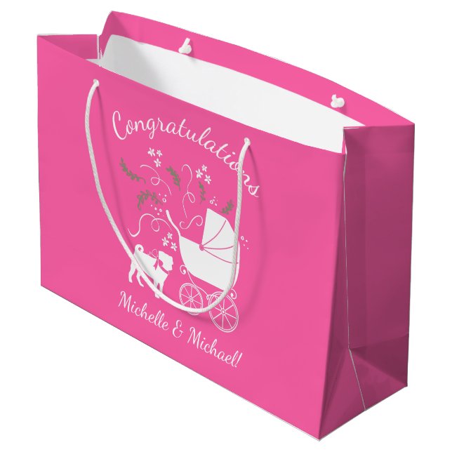 Mops Dog Babydusche Mädchen Pink mit Bow Große Geschenktüte (Rückseite Schrägansicht)
