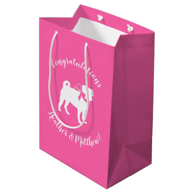 Mops Dog Babydusche Mädchen Pink mit Bow Mittlere Geschenktüte (Rückseite Schrägansicht)