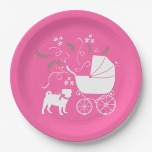 Mops Dog Babydusche Mädchen Pink mit Bow Pappteller