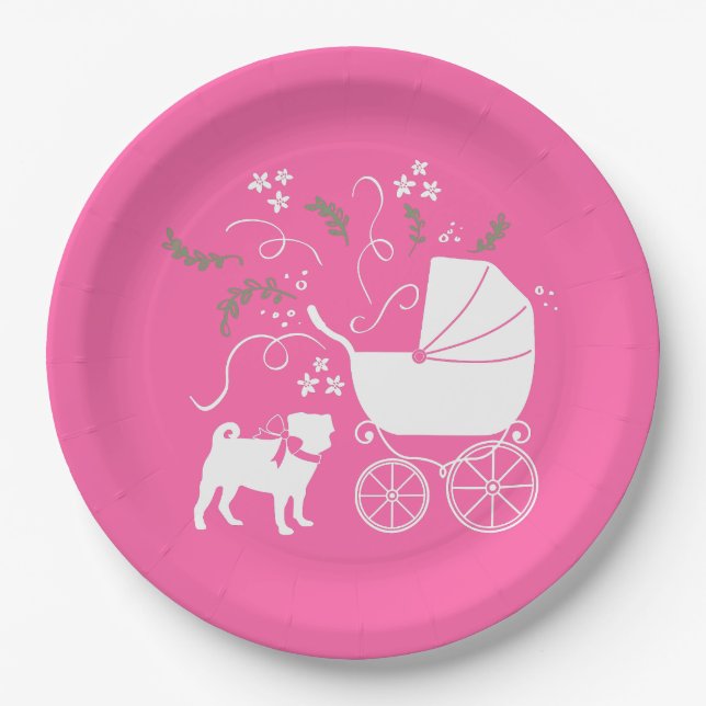 Mops Dog Babydusche Mädchen Pink mit Bow Pappteller (Vorderseite)