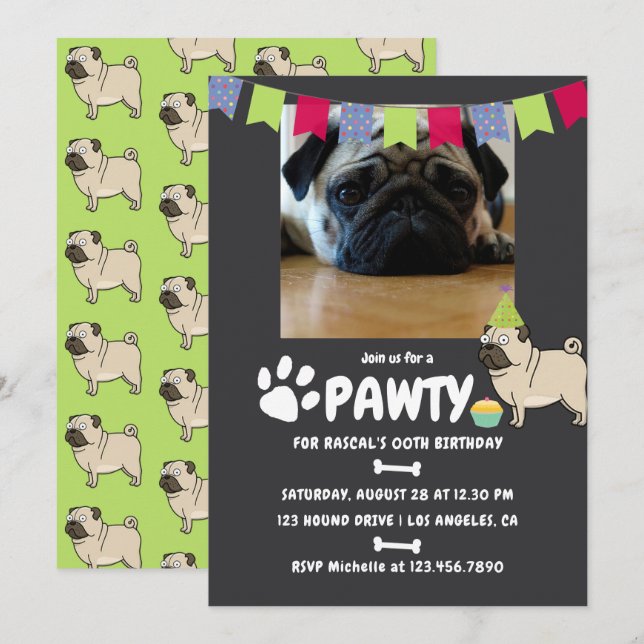 Mops Dog Birthday Foto Einladung (Vorne/Hinten)