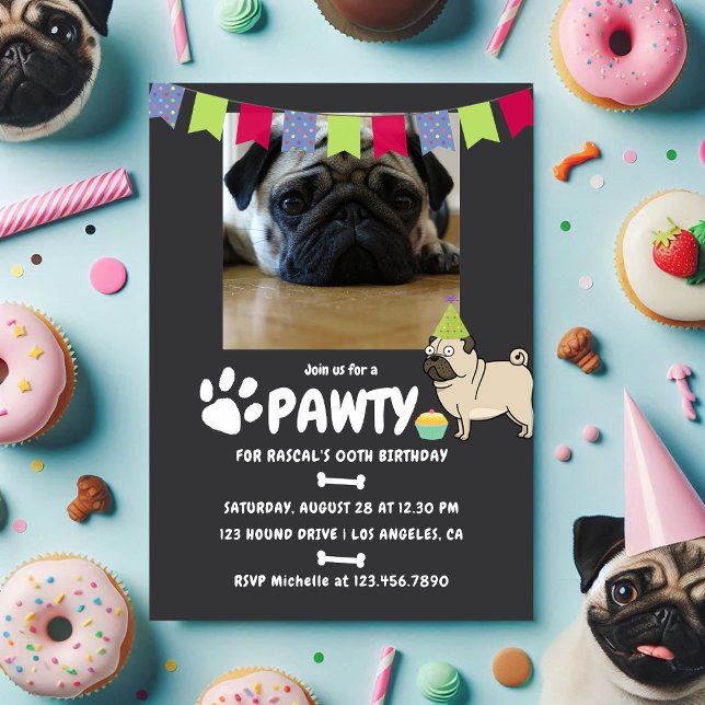 Mops Dog Birthday Foto Einladung (Pug Dog Birthday photo invitation)