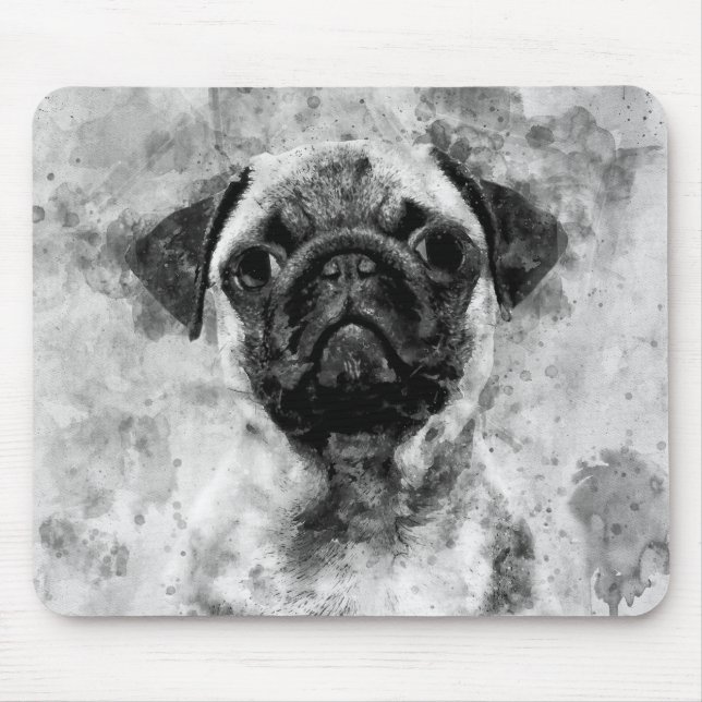 Mops Dog Black and White Watercolor 01 Mousepad (Vorne)