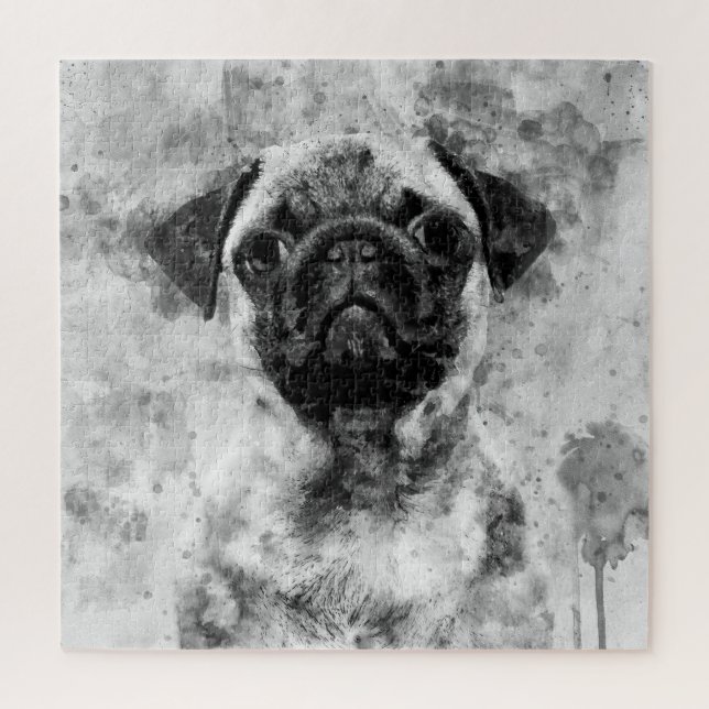 Mops Dog Black and White Watercolor 01 Puzzle (Vertikal)