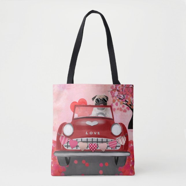 Mops Dog Car mit Herzvalentiner (Vorderseite)