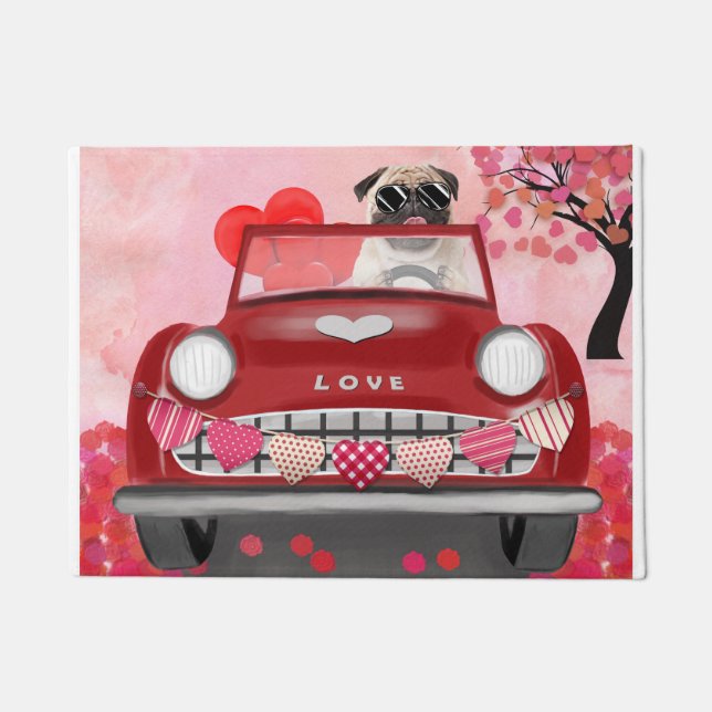 Mops Dog Car mit Herzvalentiner Fußmatte (Vorderseite)