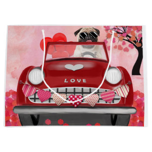 Mops Dog Car mit Herzvalentiner Große Geschenktüte