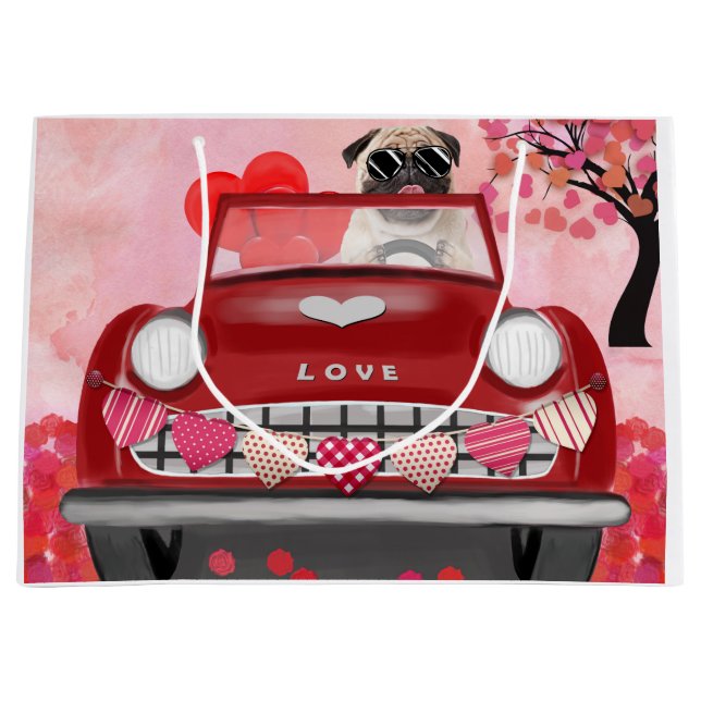 Mops Dog Car mit Herzvalentiner Große Geschenktüte (Vorderseite)