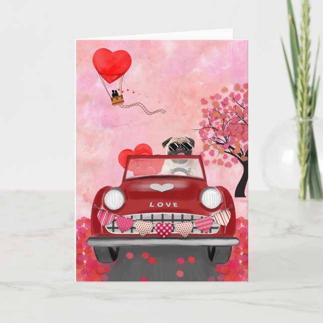 Mops Dog Car mit Herzvalentiner Karte (Vorderseite)