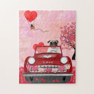 Mops Dog Car mit Herzvalentiner Puzzle
