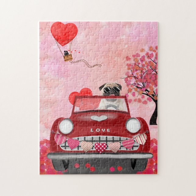 Mops Dog Car mit Herzvalentiner Puzzle (Vertikal)