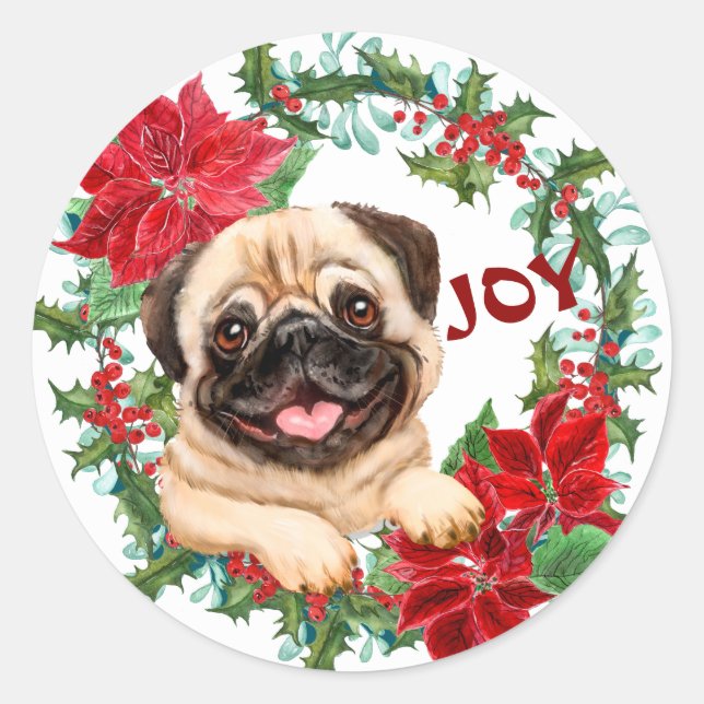 Mops Dog Joy Poinsettia Weihnachtsfeier Runder Aufkleber (Vorderseite)