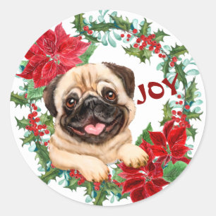 Mops Dog Joy Poinsettia Weihnachtsfeier Runder Aufkleber