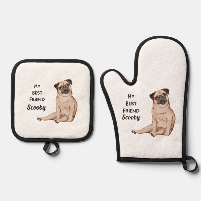 Mops Dog Mein bester Freund Individuelle Name Ofenhandschuh & Topflappen-Set (Vorderseite)