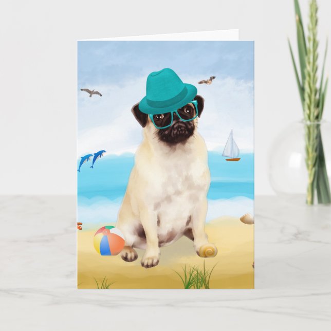 Mops Dog on Beach Karte (Vorderseite)