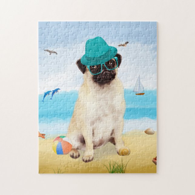Mops Dog on Beach Puzzle (Vertikal)