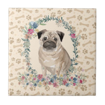 Mops Dog Paw Print Floral Niedlich Beige