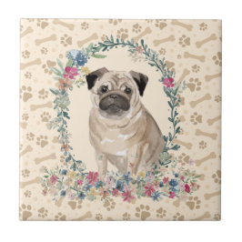 Mops Dog Paw Print Floral Niedlich Beige Fliese