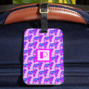 Mops Dog Pink & Blue Silhouette Monogramm Gepäckanhänger