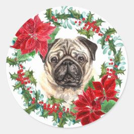 Mops Dog Poinsettia Holly Weihnachtskranz Runder Aufkleber