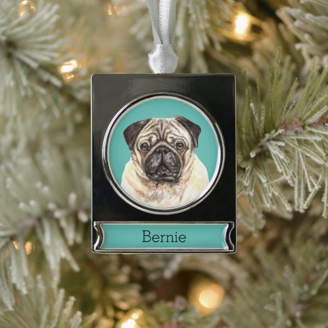 Mops Dog Portrait Personalisiert Banner-Ornament Silber (Baum)
