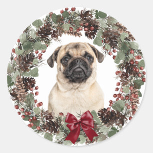 Mops Dog Red Bow Pinecone Kranz Weihnachten Runder Aufkleber