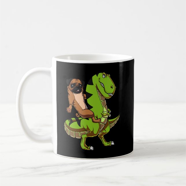 Mops Dog Riding T-Rex Dinosaur Kaffeetasse (Links)