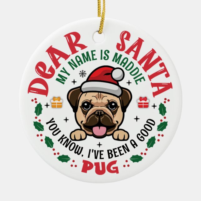 Mops Dog Santa Personalisierte Weihnachtsbaumrunde Keramik Ornament (Vorne)