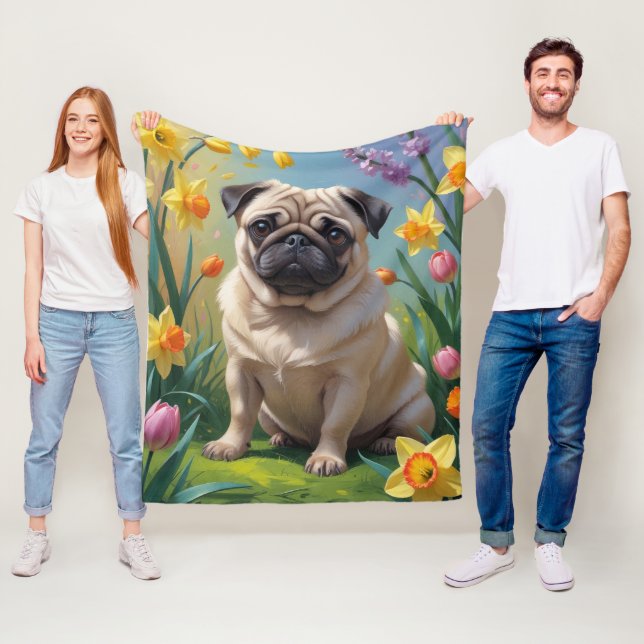 Mops Dog Spring Blumen Malerei Fleecedecke (Beispiel)