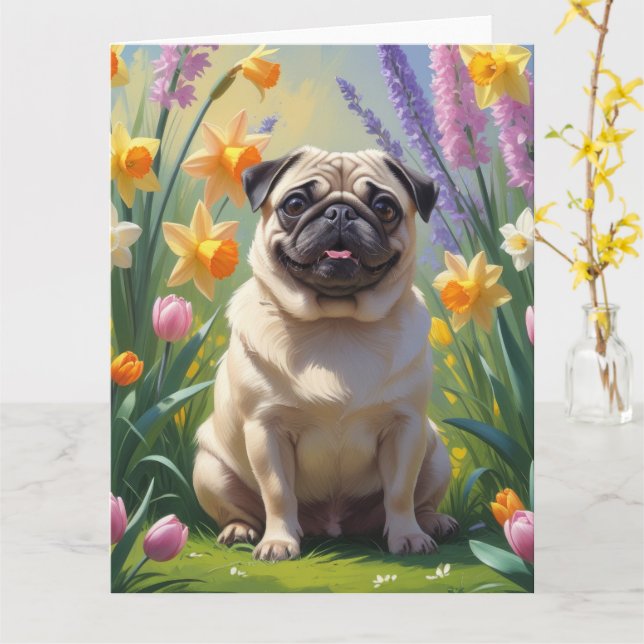 Mops Dog Spring Blumen Malerei Karte (Gelbe Blume)