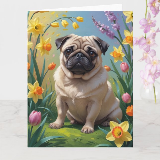 Mops Dog Spring Blumen Malerei Karte (Orchidee)