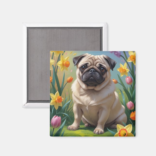 Mops Dog Spring Blumen Malerei Magnet (Vorderseite/Rückseite)