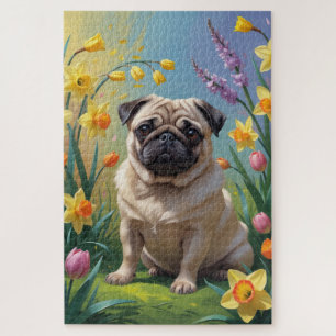 Mops Dog Spring Blumen Malerei Puzzle