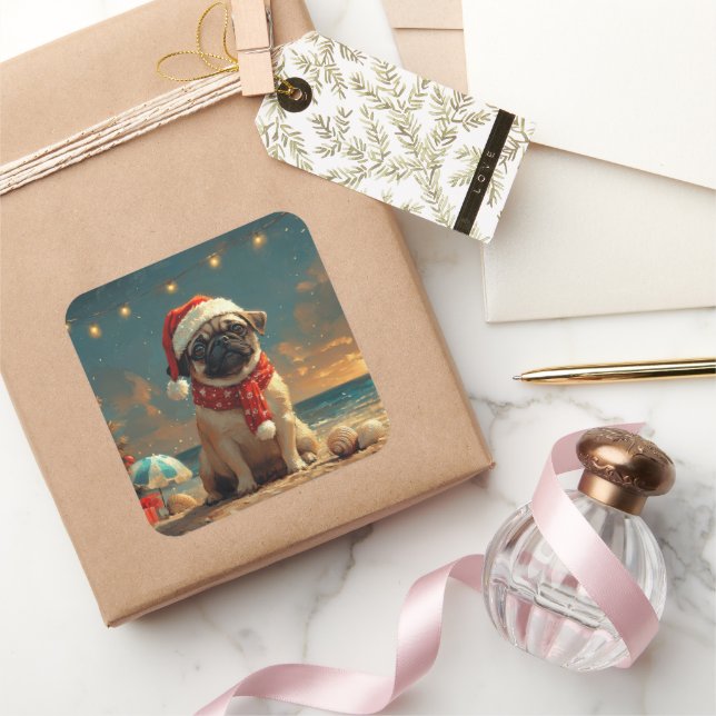 Mops Dog Vintager Strand Quadratischer Aufkleber (Schenken)