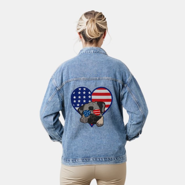 Mops Dog Wearing Sonnenbrille USA Flag Herz Womens Jeansjacke (Modell)