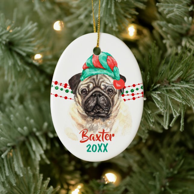 Mops Dog Weihnachtsmannmütze Holiday String Beads Keramik Ornament (Baum)