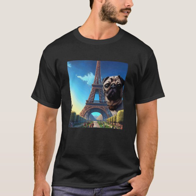Mops Eiffel Tower Frankreich Paris Männer Frauen M T-Shirt (Vorderseite)